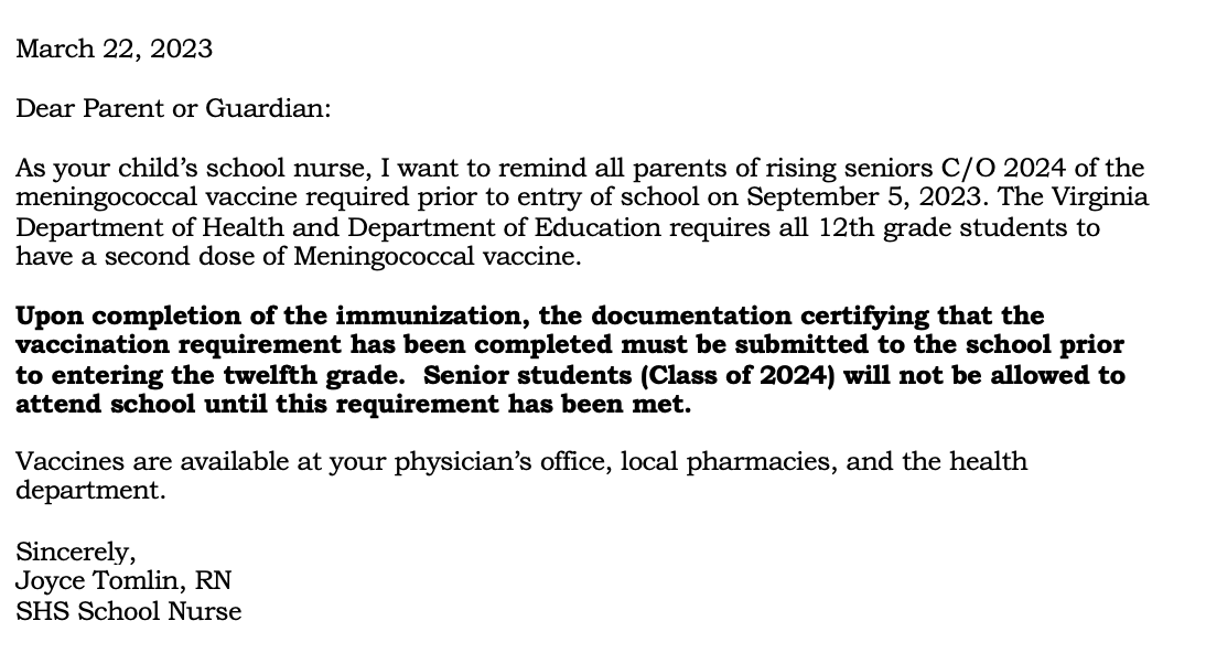 Attention Parents of Rising Seniors: Meningococcal Vaccine Reminder from Nurse Tomlin 